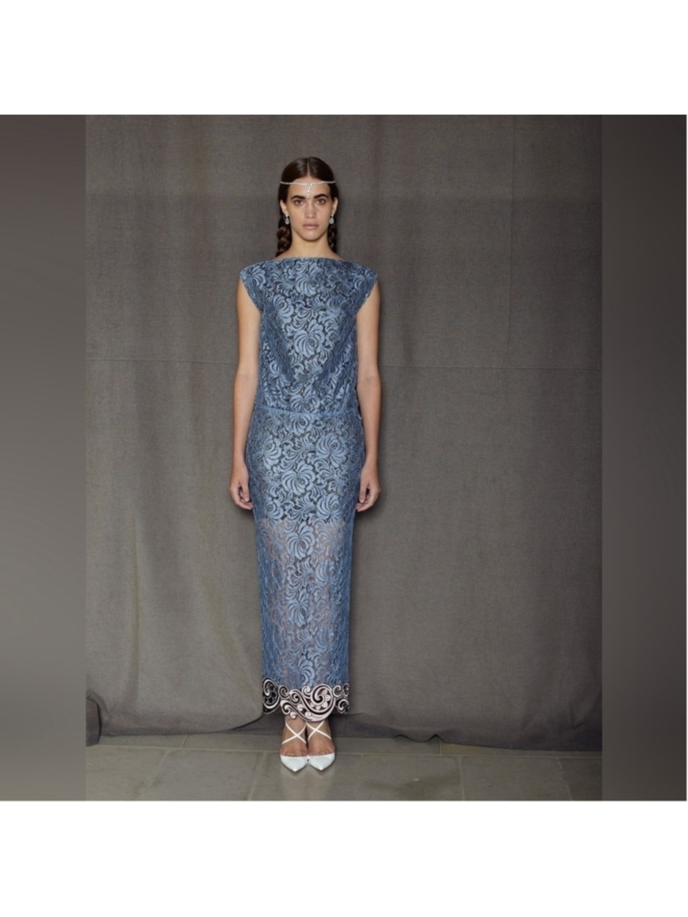Alessandra Rich Blue Lace Runaway Evening Gown Dress